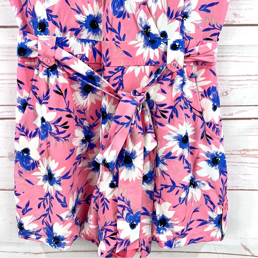 Yumi Kim Paradise Faux Wrap Surplice Romper Jumpsuit Pink Floral Safari Silk - Picture 10 of 16